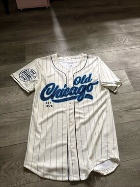 Gear For Sports White Pinstripe "Old Chicago" Baseball Jersey with Blue Script